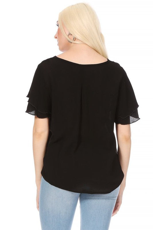 Short flutter sleeve round neck keyhole blouse.