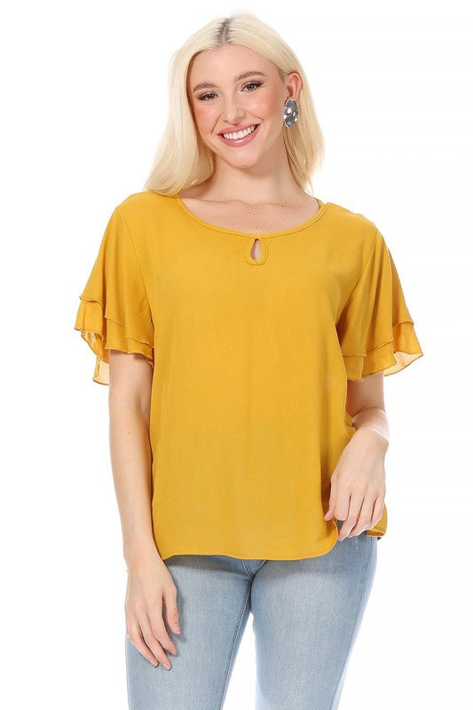 Short flutter sleeve round neck keyhole blouse.