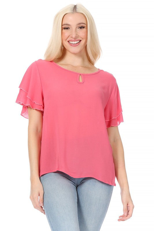 Short flutter sleeve round neck keyhole blouse.