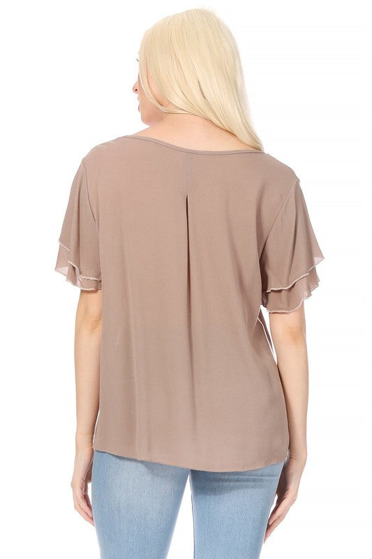 Short flutter sleeve round neck keyhole blouse.