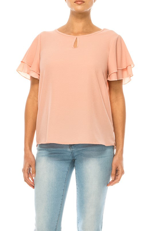 Short flutter sleeve round neck keyhole blouse.