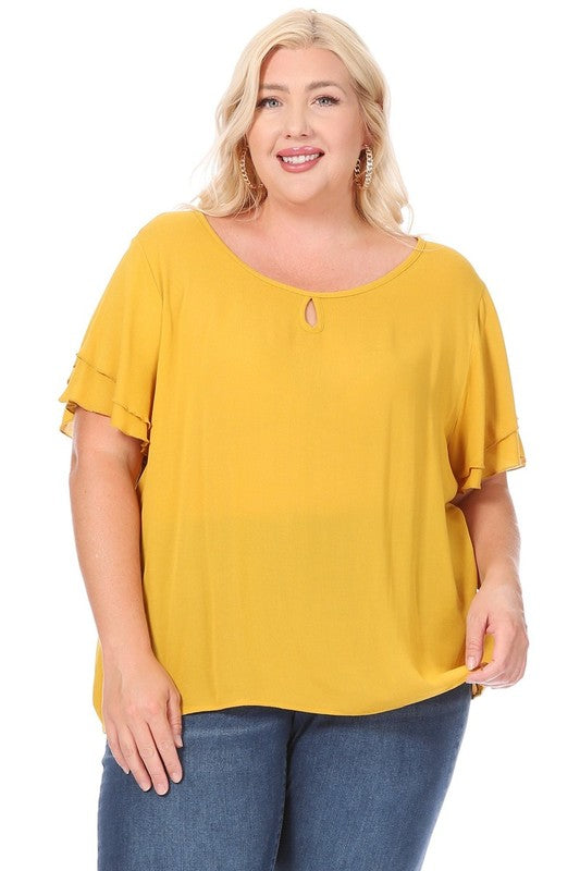 Plus size, short flutter sleeve keyhole blouse.