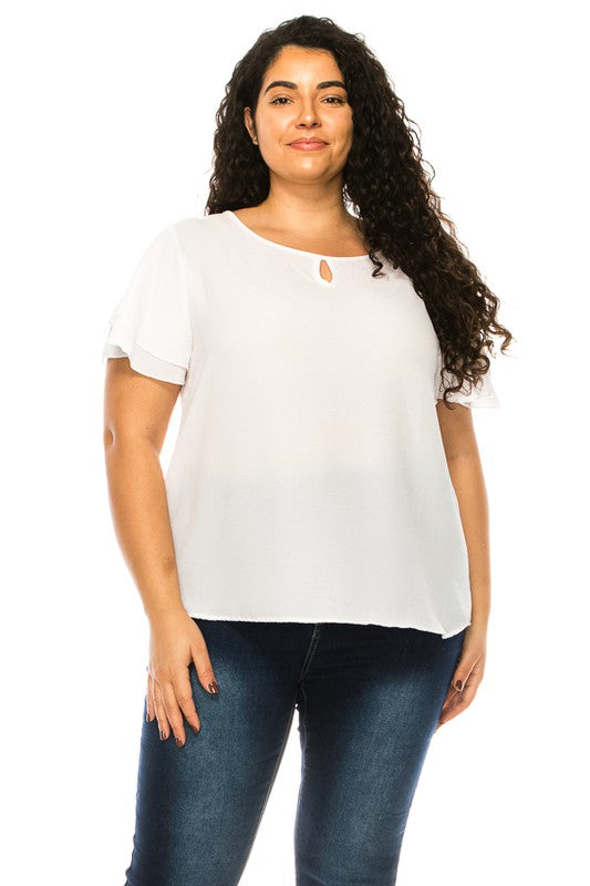 Plus size, short flutter sleeve keyhole blouse.