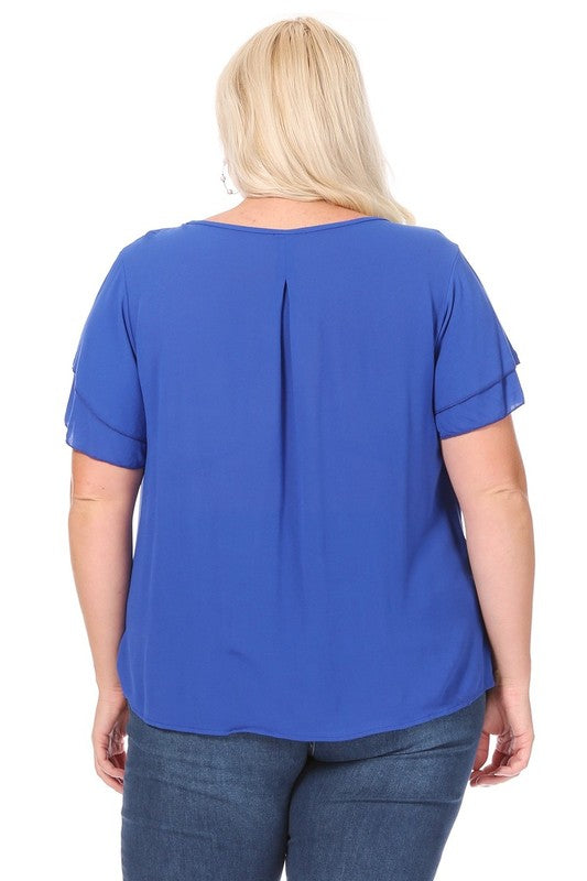 Plus size, short flutter sleeve keyhole blouse.