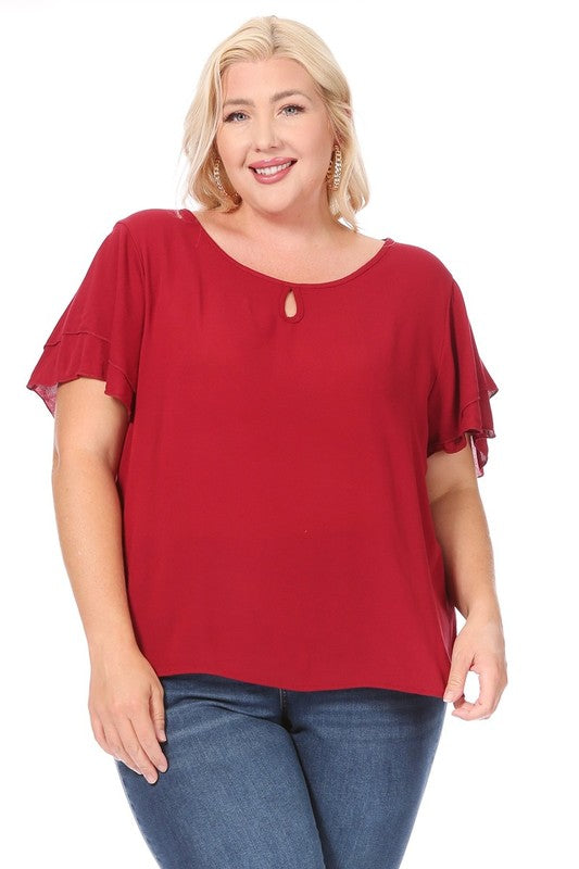 Plus size, short flutter sleeve keyhole blouse.