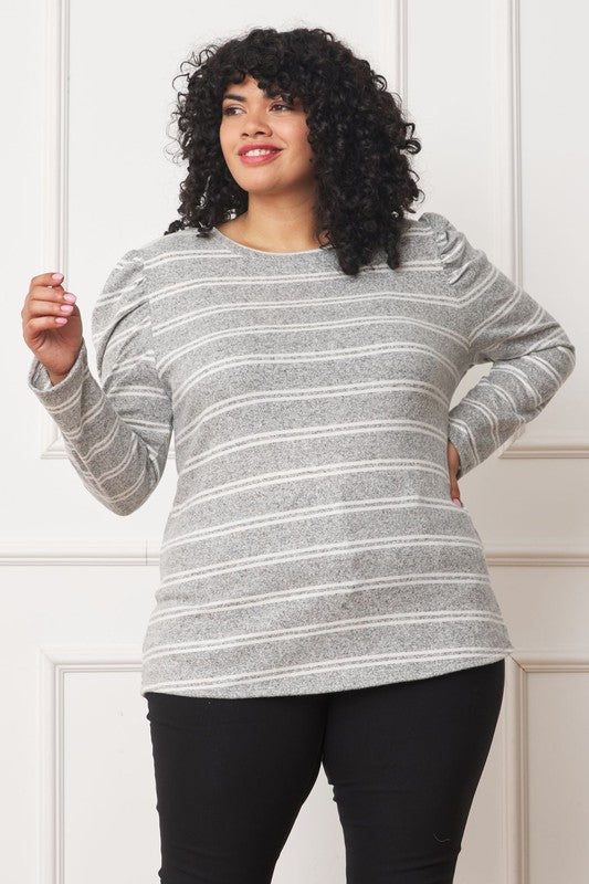 Plus Shirred Puff Sleeve Stripe Top