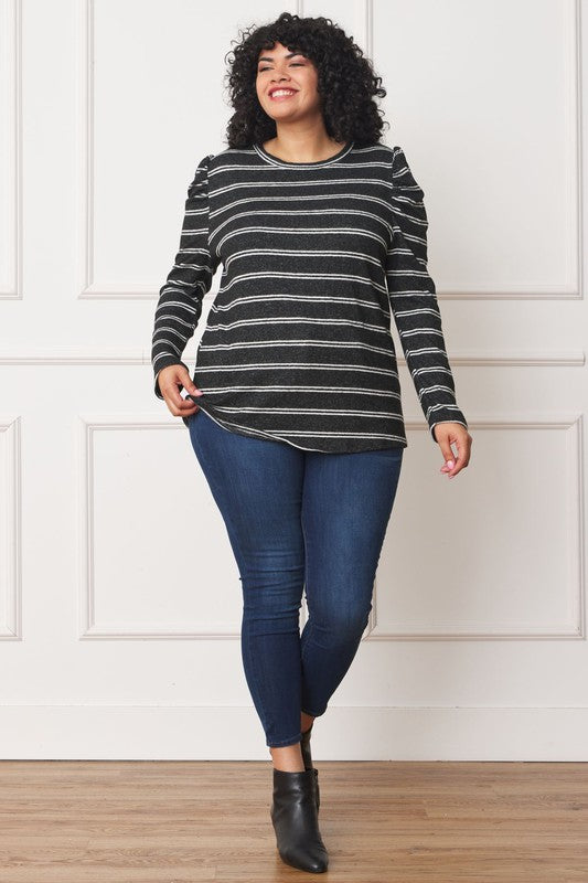 Plus Shirred Puff Sleeve Stripe Top