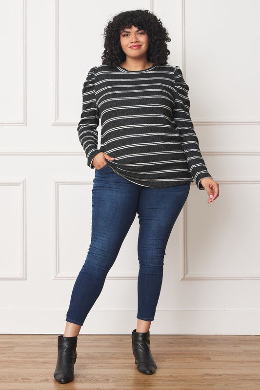 Plus Shirred Puff Sleeve Stripe Top