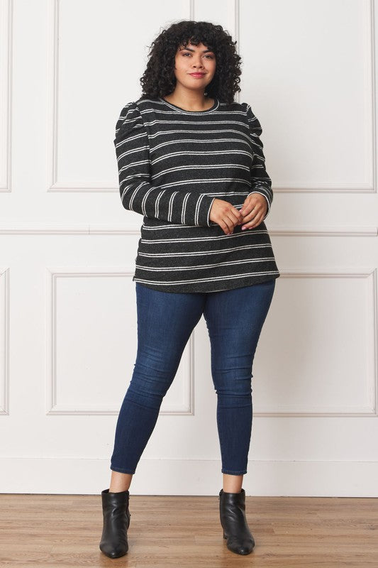 Plus Shirred Puff Sleeve Stripe Top