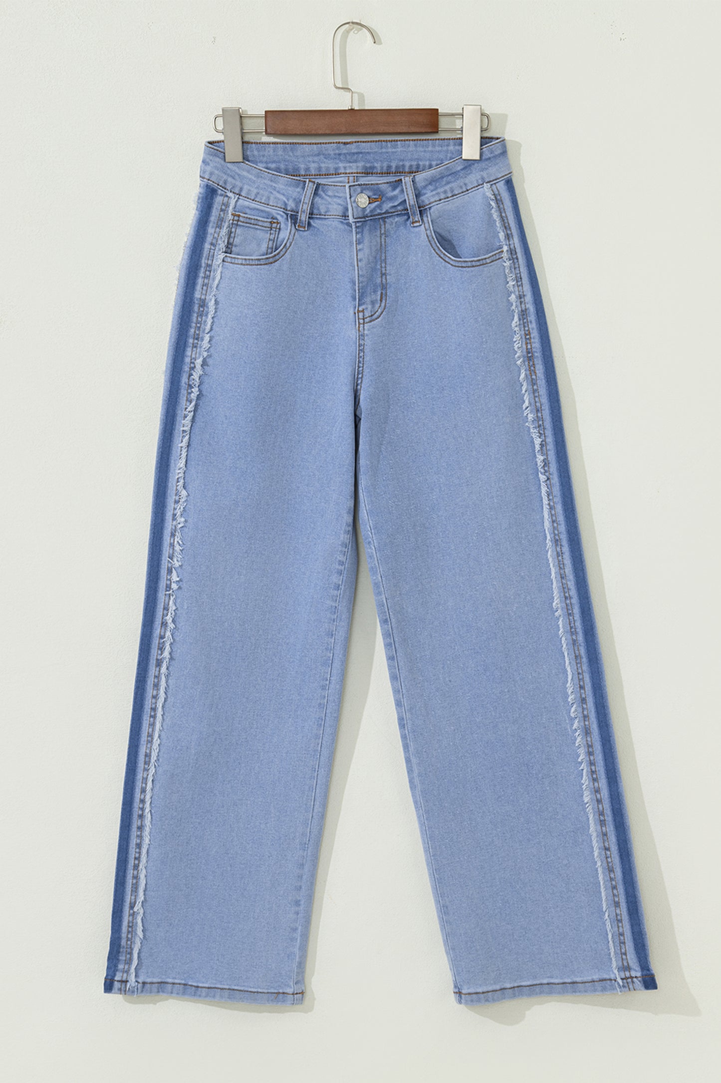 Lavendar Lane Clothing Beau Blue contrast stripe frayed side panel patchwork shift jeans, casual bottoms with stylish details.