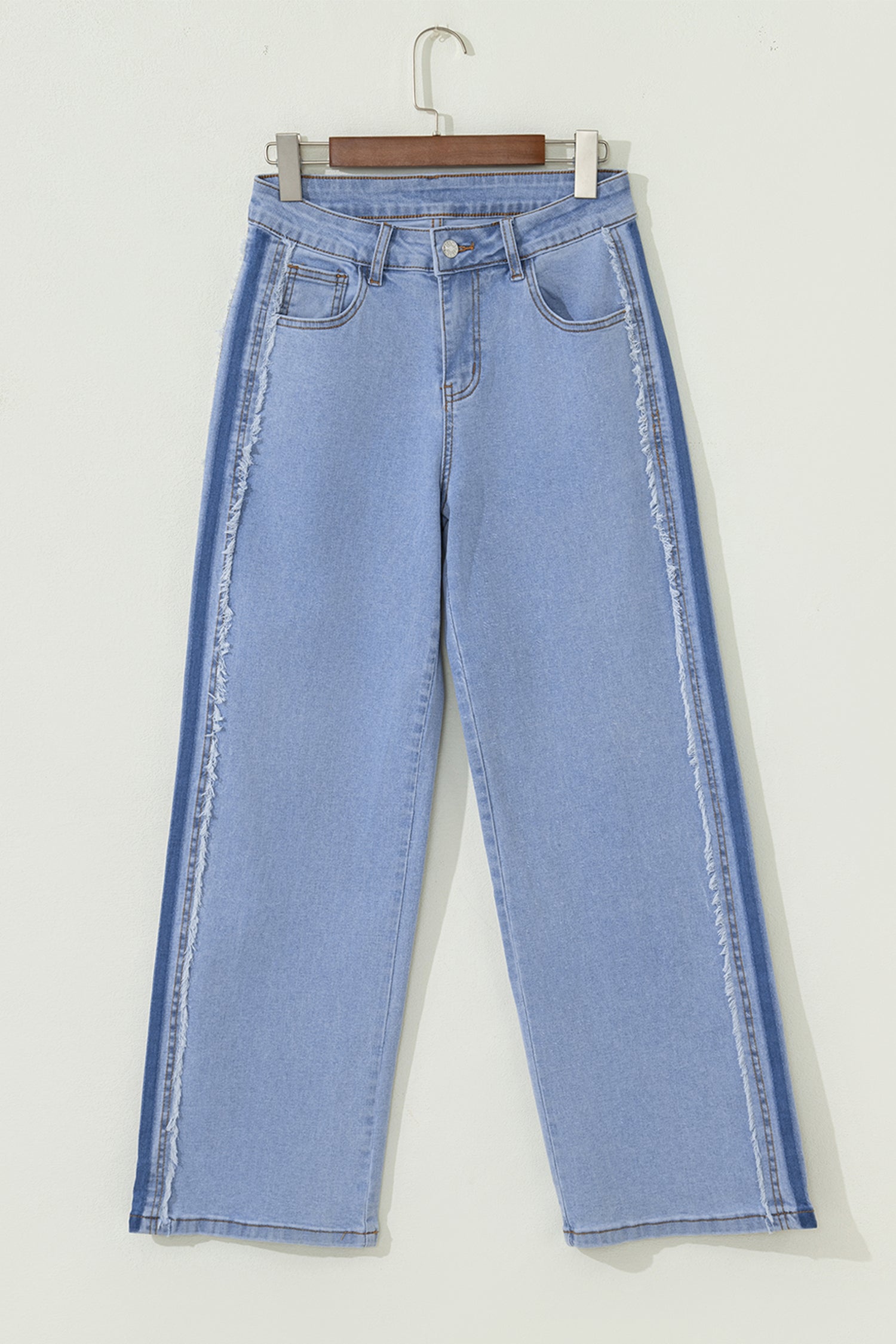 Lavendar Lane Clothing Beau Blue contrast stripe frayed side panel patchwork shift jeans, casual bottoms with stylish details.