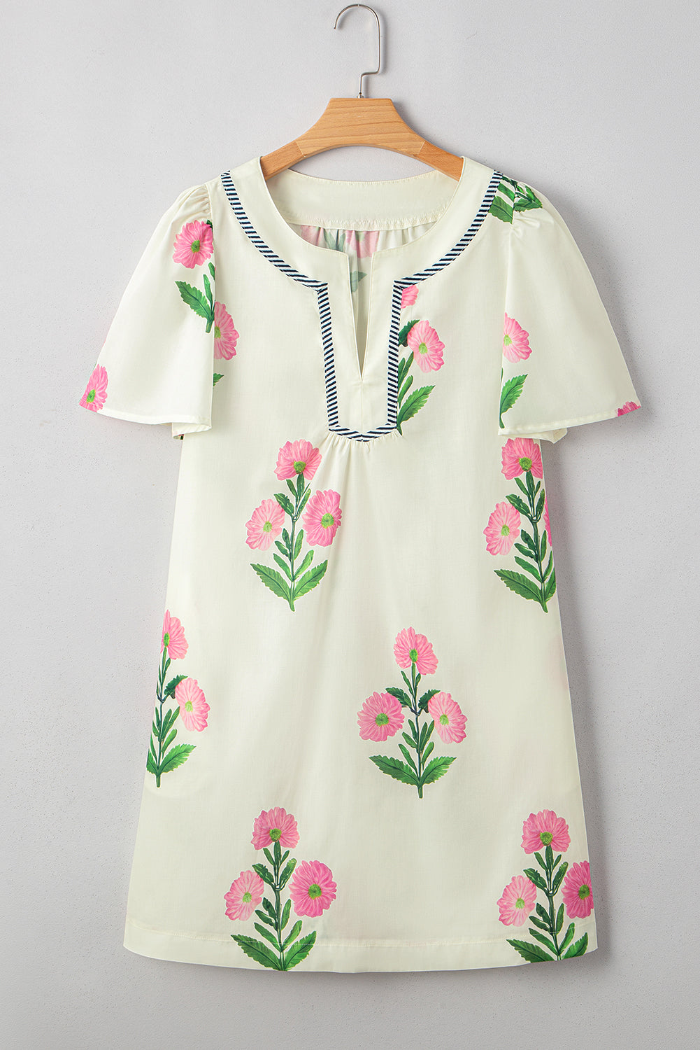 Apricot Floral Short Sleeve Split Neck Loose Mini Dress
