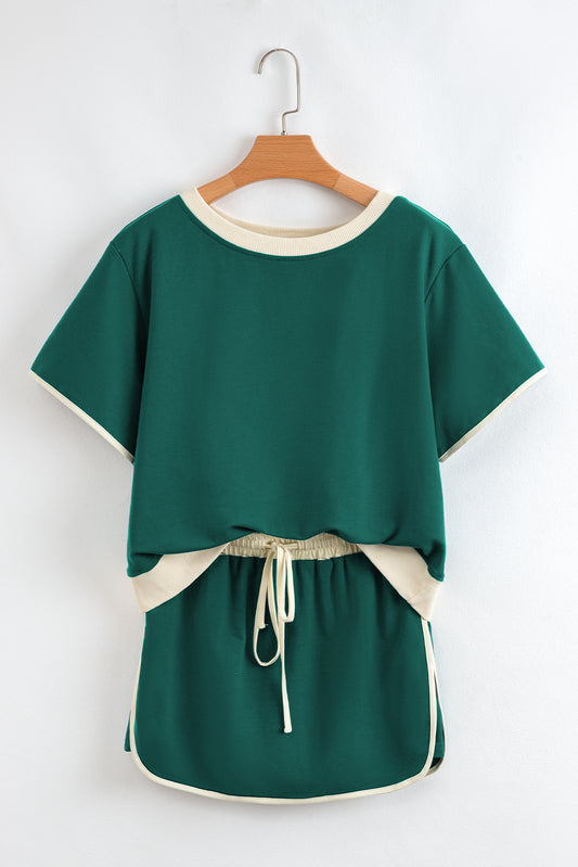 Lavendar Lane Colorblock edge drop shoulder top and matching skort two-piece set, casual stylish outfit for women.