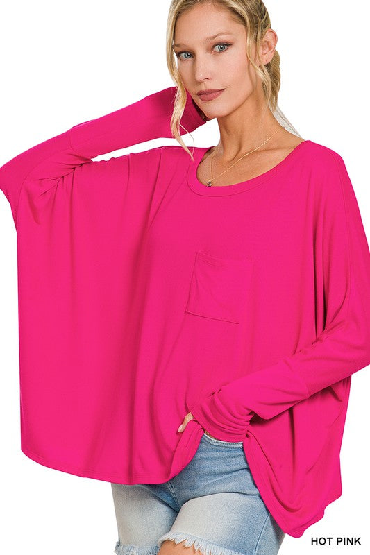 DOLMAN SLEEVE ROUND NECK TOP WITH FRONT POCKET