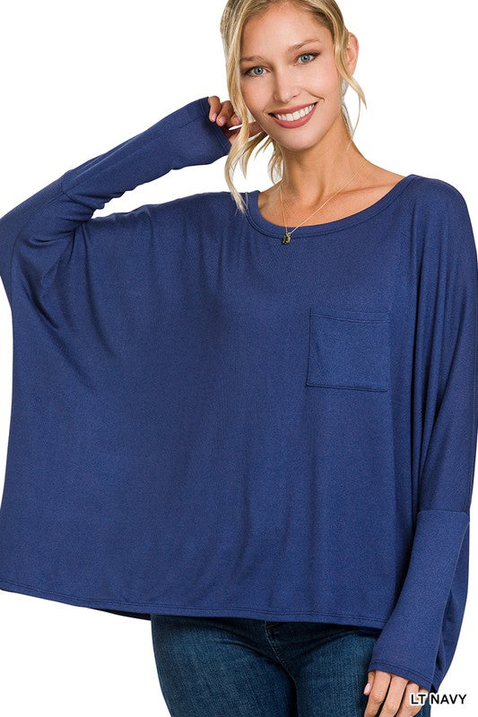 DOLMAN SLEEVE ROUND NECK TOP WITH FRONT POCKET