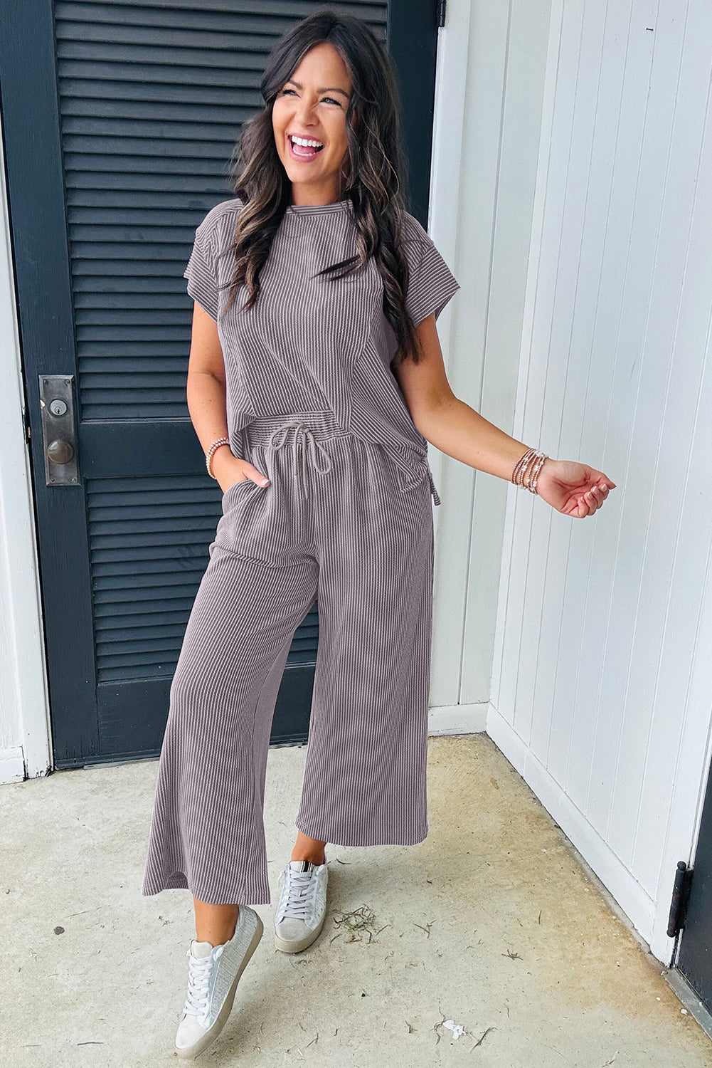 Wild Wind Solid Corded Knit Short Sleeve Top and Wide Leg Pants Set