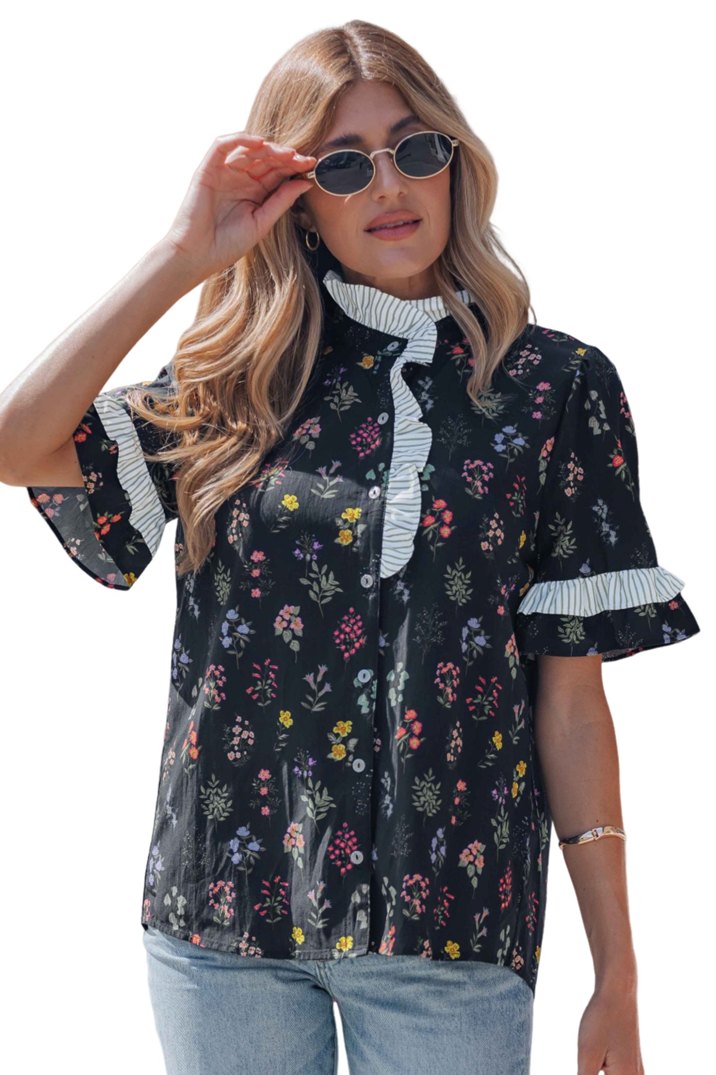 Black floral short sleeve blouse with contrast frilled trim from Lavendar Lane Clothing, featuring a stylish, feminine design.
