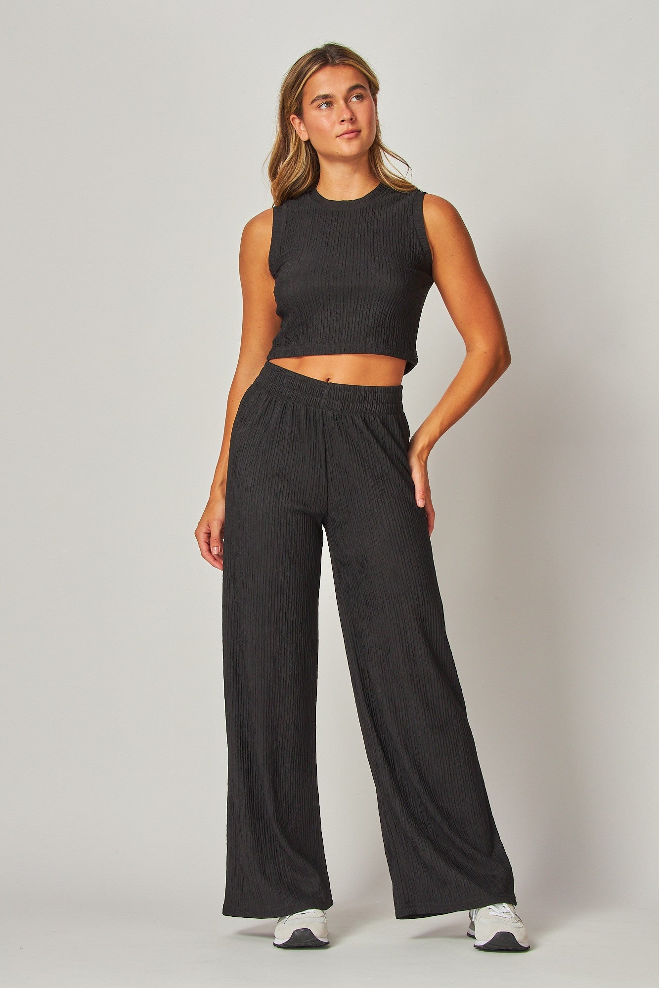 Crinkle Textured Cropped Top 2pc Loungewear Set