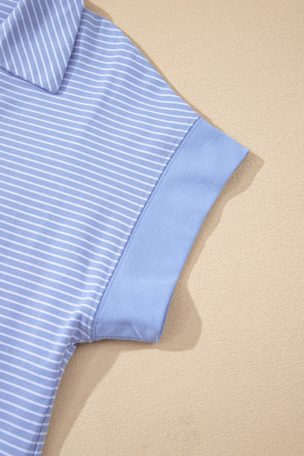 Sky blue stripe dolman sleeve polo shirt and drawstring shorts set by Lavender Lane Clothing, casual two-piece summer outfit.