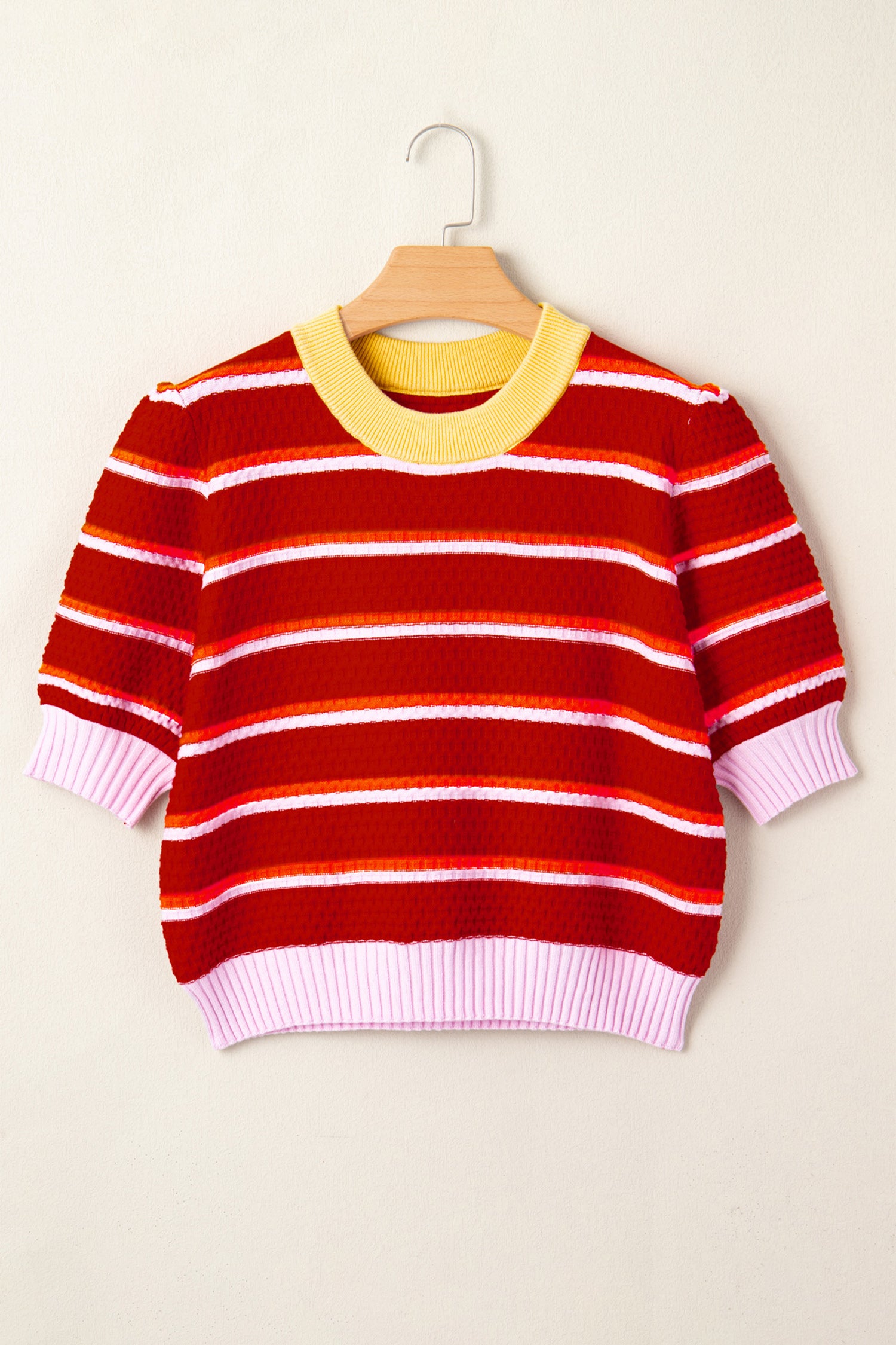 Lavendar Lane Clothing red colorblock trim half sleeve sweater top, short sleeve design with stylish color accents