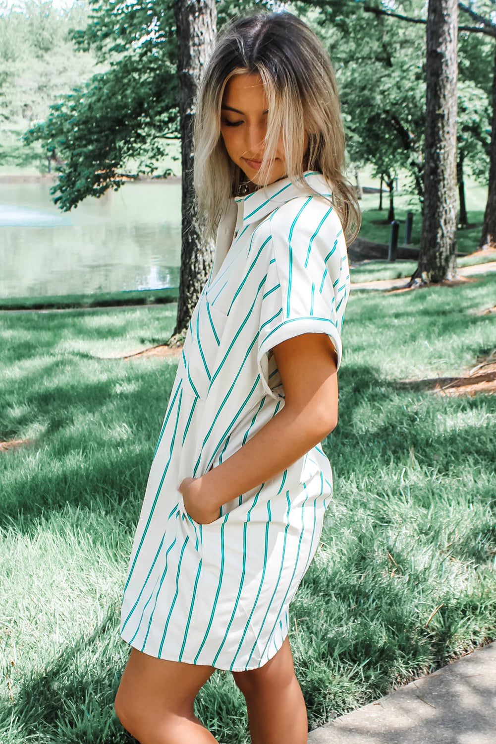 Mint Green Striped Wide Short Sleeve Shift Mini Shirt Dress