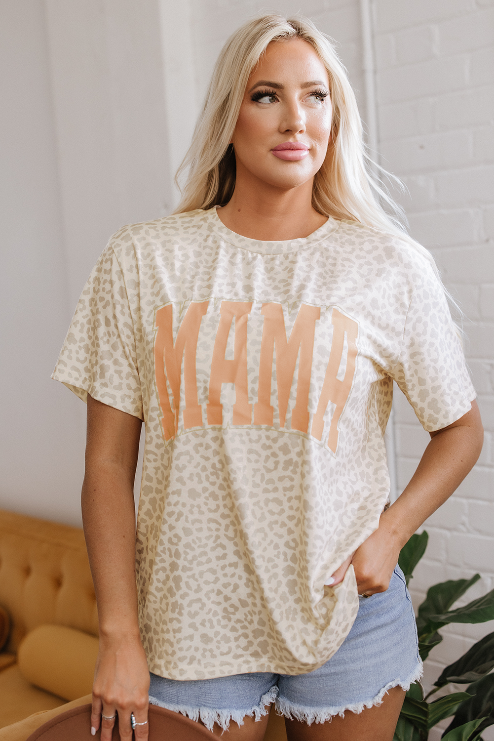 Yellow MAMA Letter Graphic Leopard Loose Tee Shirt