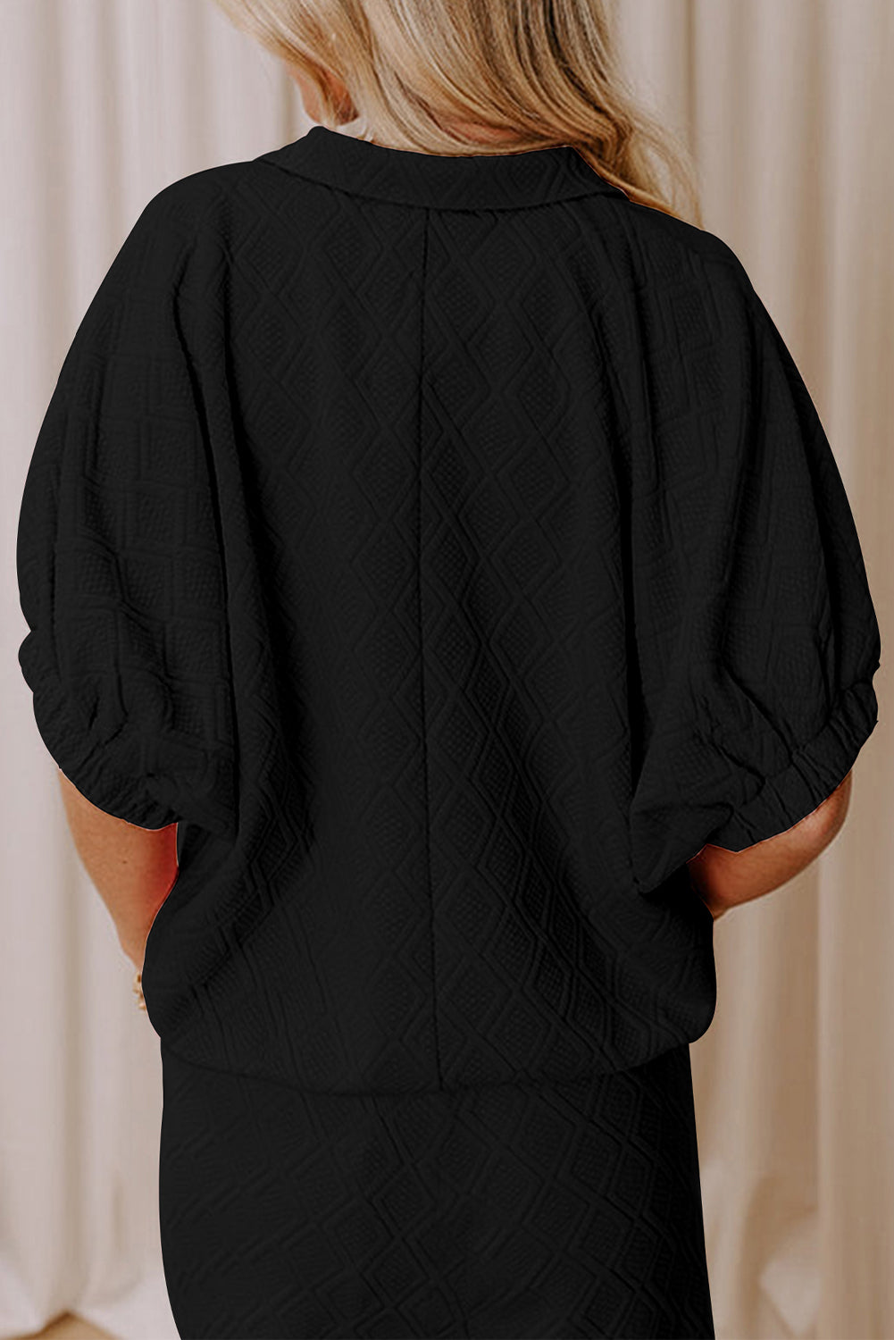 Color black Striped Collared Zip up Textured Skirt Set