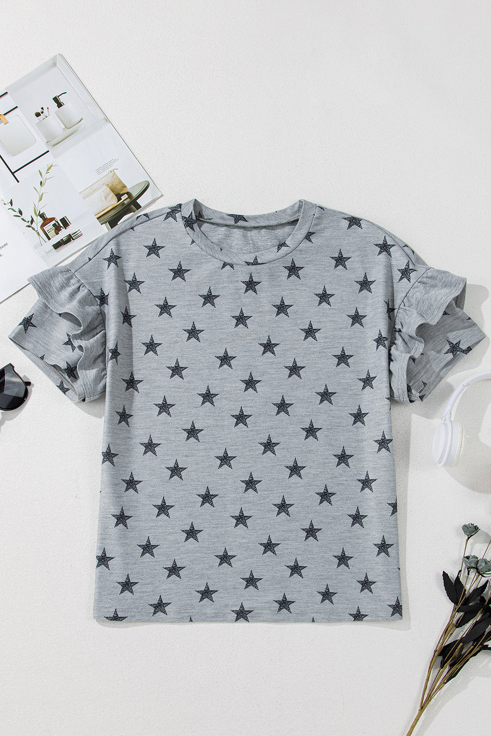 Gray Star Print Tiered Ruffled Sleeve Crew Neck Top