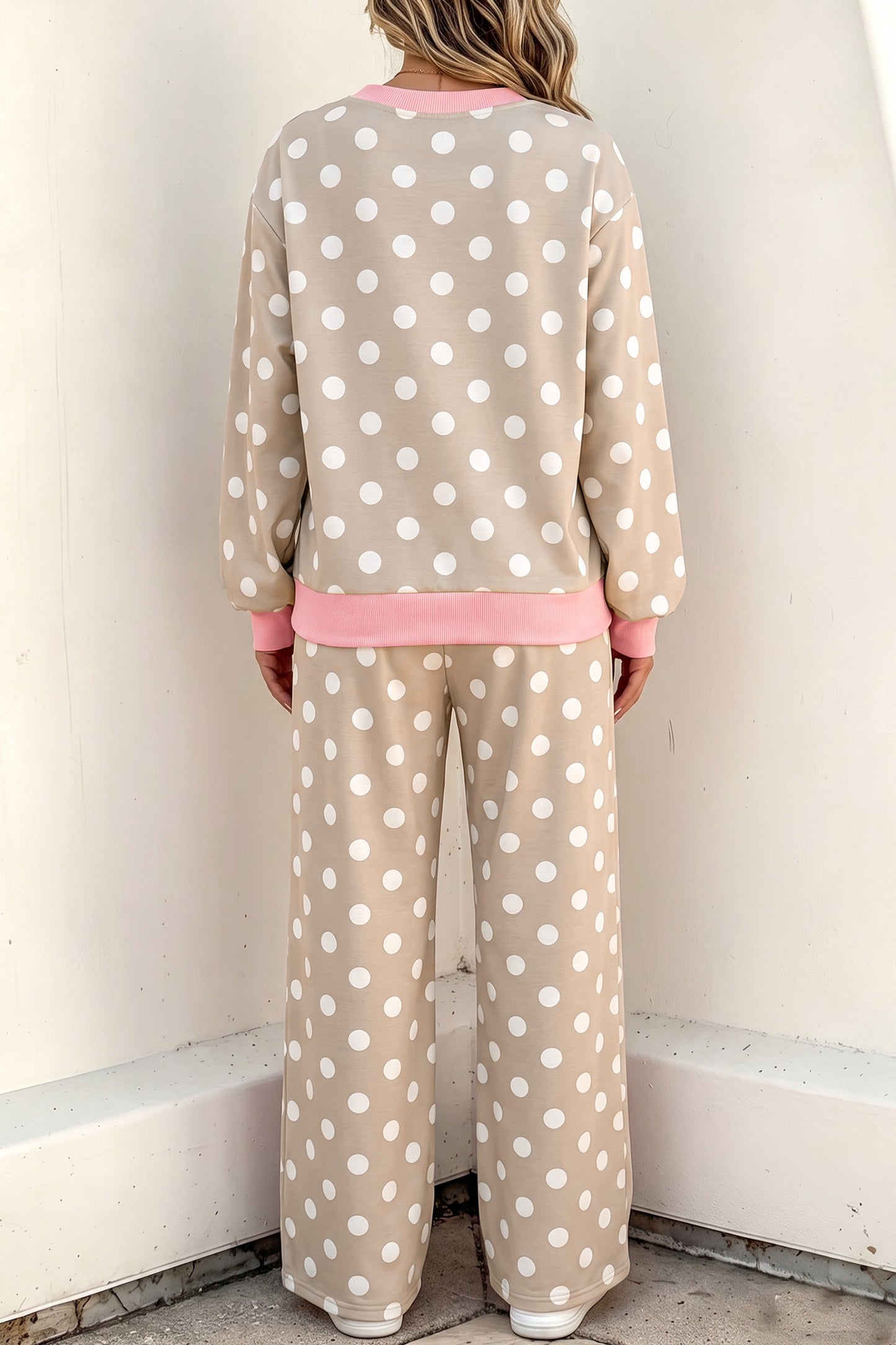 Sky Blue Polka Dot Contrast Trim Long Sleeve Top Drawstring Shift Pants Set
