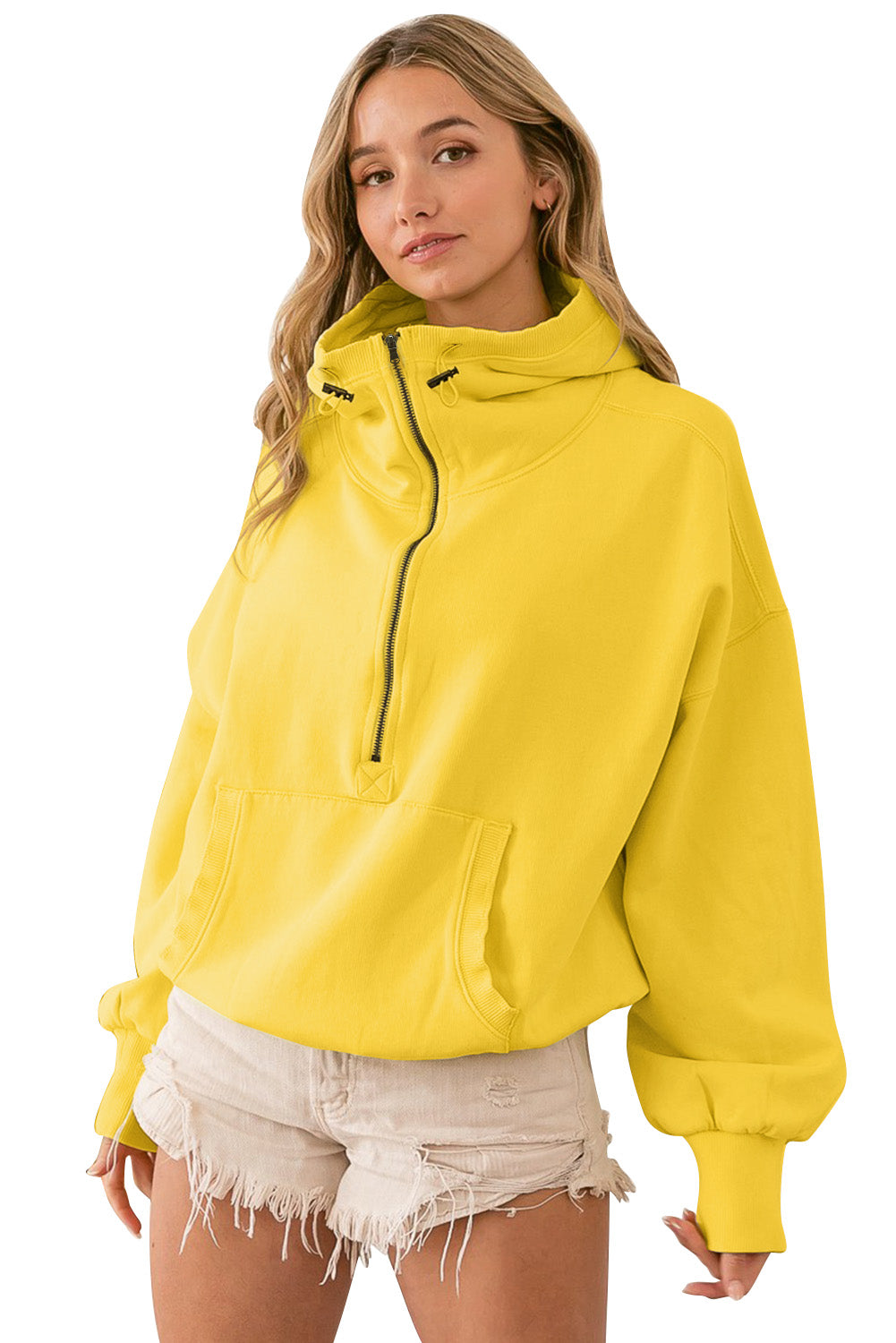 Yellow Ribbed Trim Kangaroo Pocket Zipped Hoodie