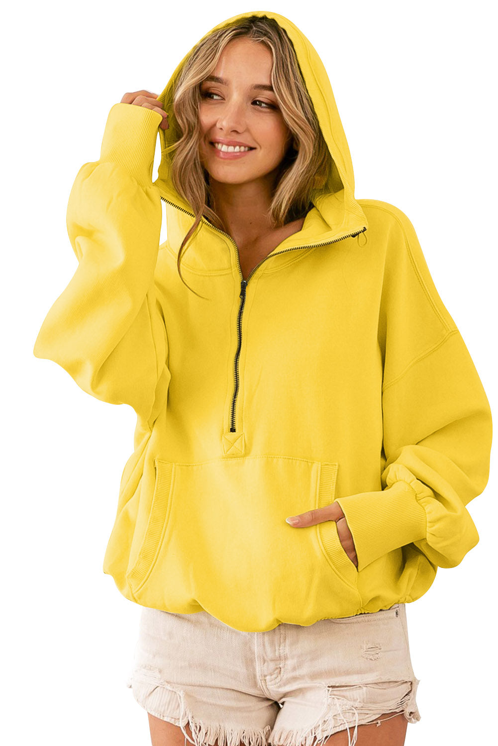 Yellow Ribbed Trim Kangaroo Pocket Zipped Hoodie