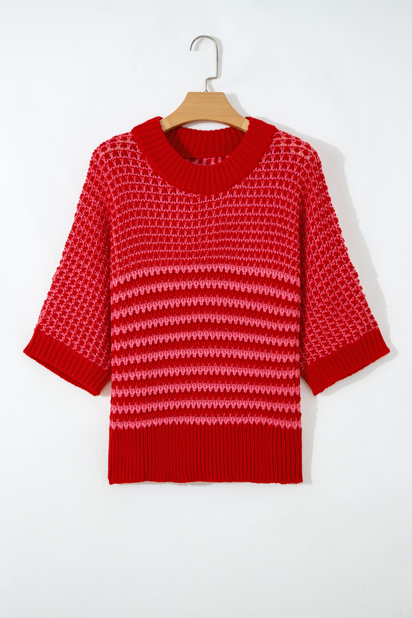 Lavendar Lane Clothing red stripe 3/4 draped sleeve slouchy sweater, casual knit with relaxed fit and stylish design.
