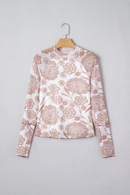 Brown floral print mesh long sleeve top by Lavender Lane Clothing, featuring thumbholes and a stylish floral design.