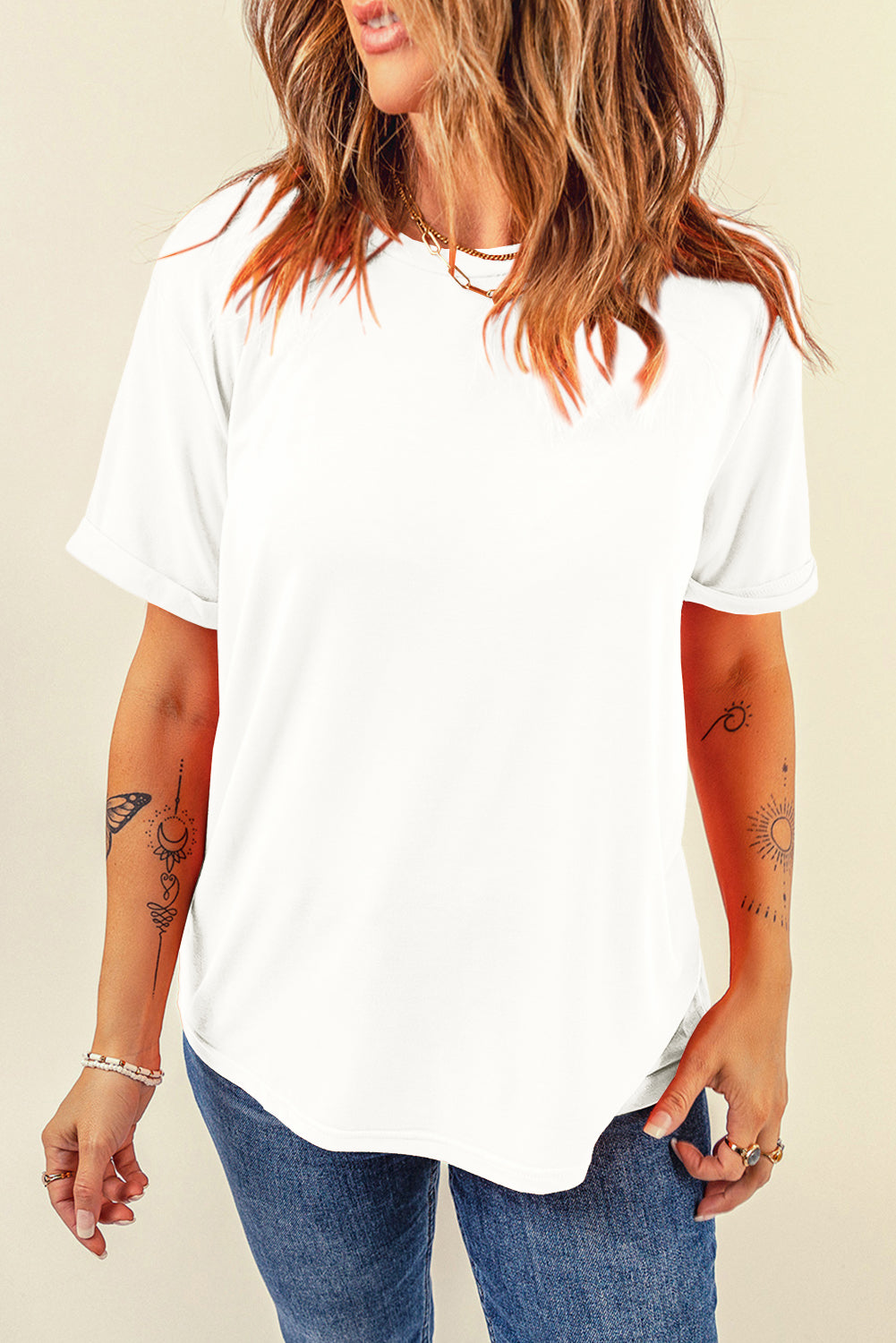 White Casual Plain Crew Neck Top