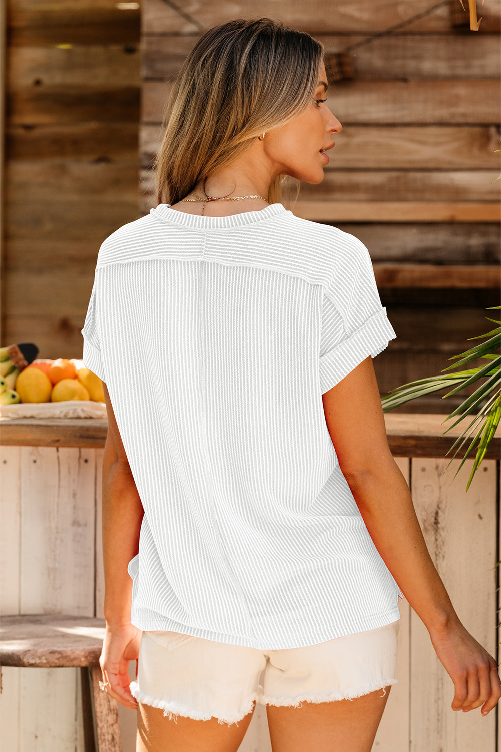 White Textured Knit Exposed Stitching Top