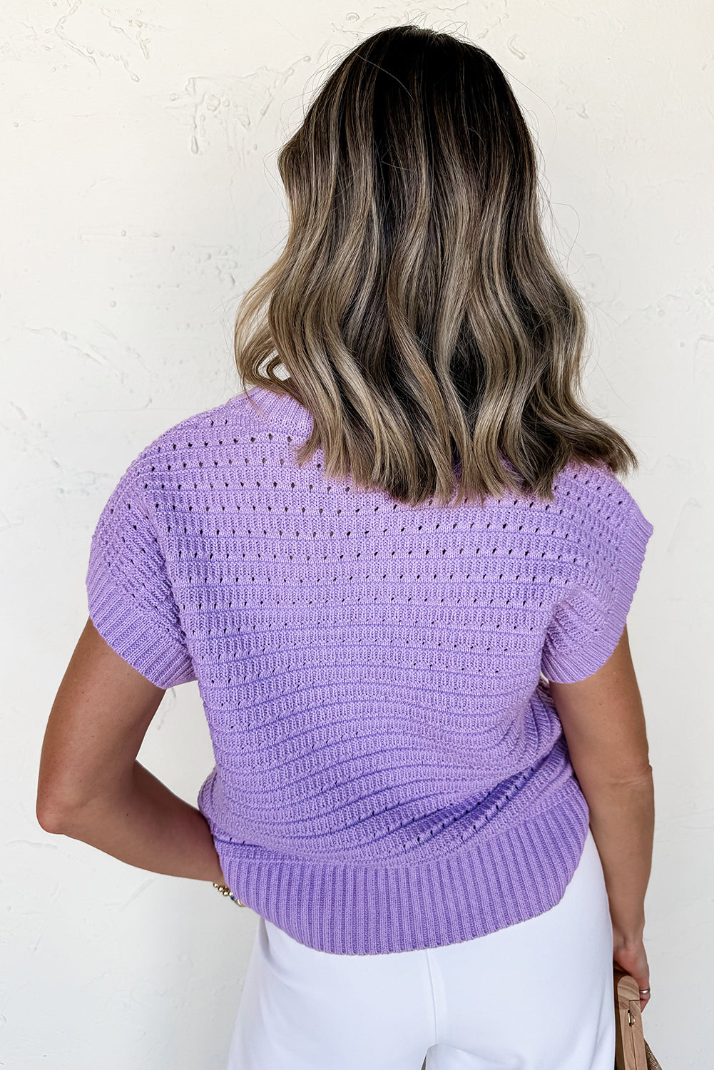 Lavender Pointelle knit Ribbed Trim Short Sleeve Sweater