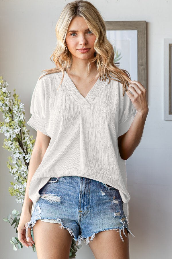 Solid Textured V Neck Short Sleeve Top-Variety Of Colors