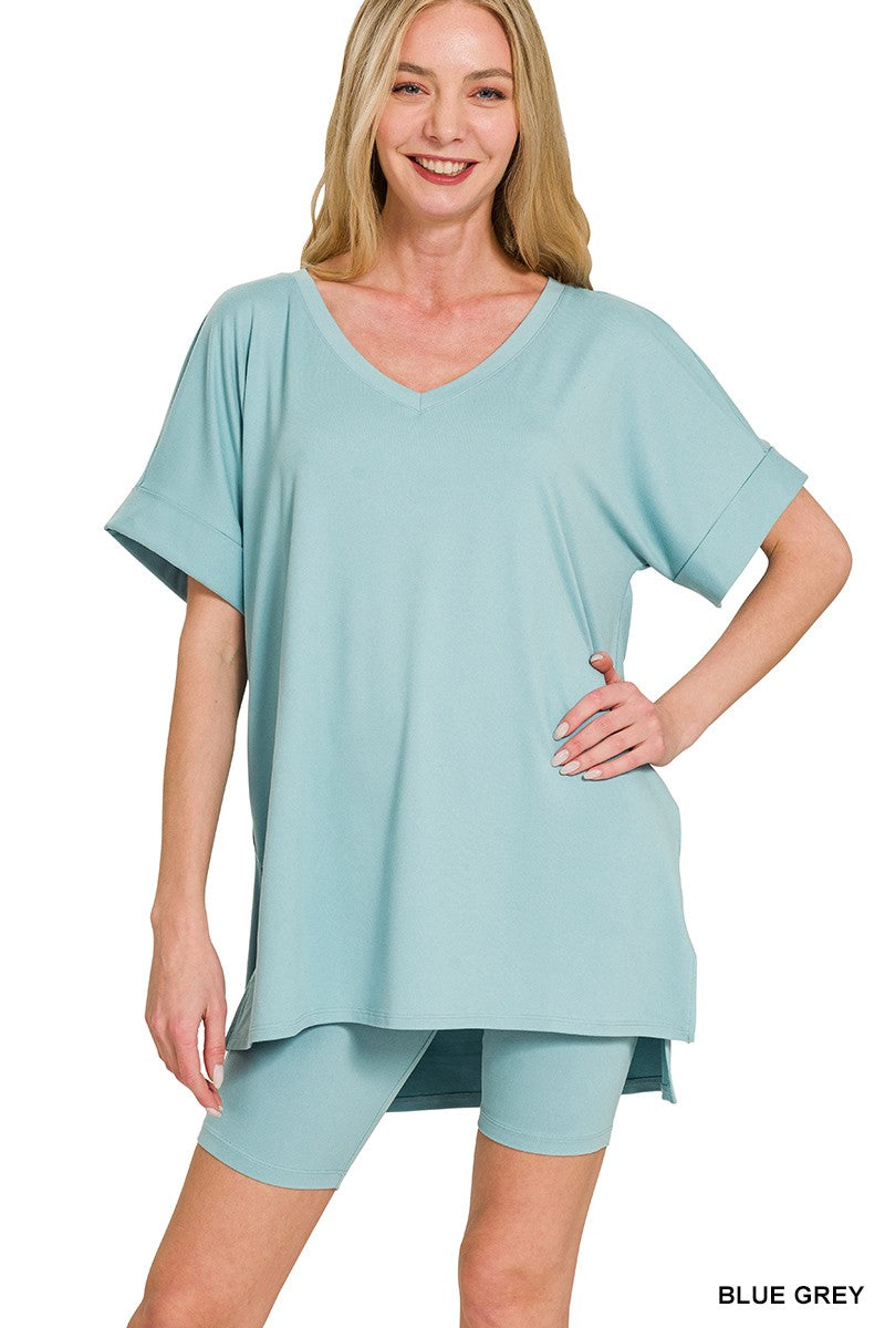Zenana Brushed Microfiber V-neck Top & Biker Shorts-Variety Of Colors