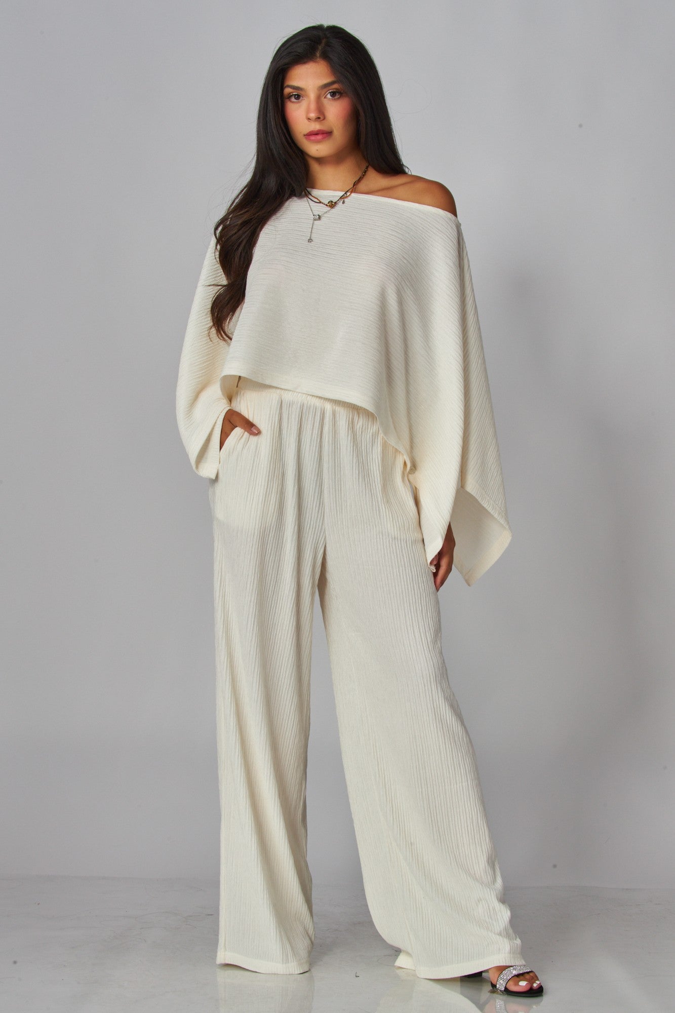 Love Poem Crinkled Plisse Cape Kimono Luxury Pants Set