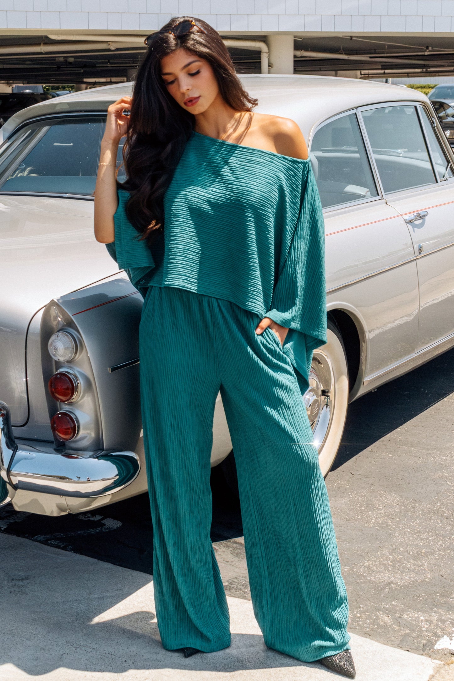 Love Poem Crinkled Plisse Cape Kimono Luxury Pants Set