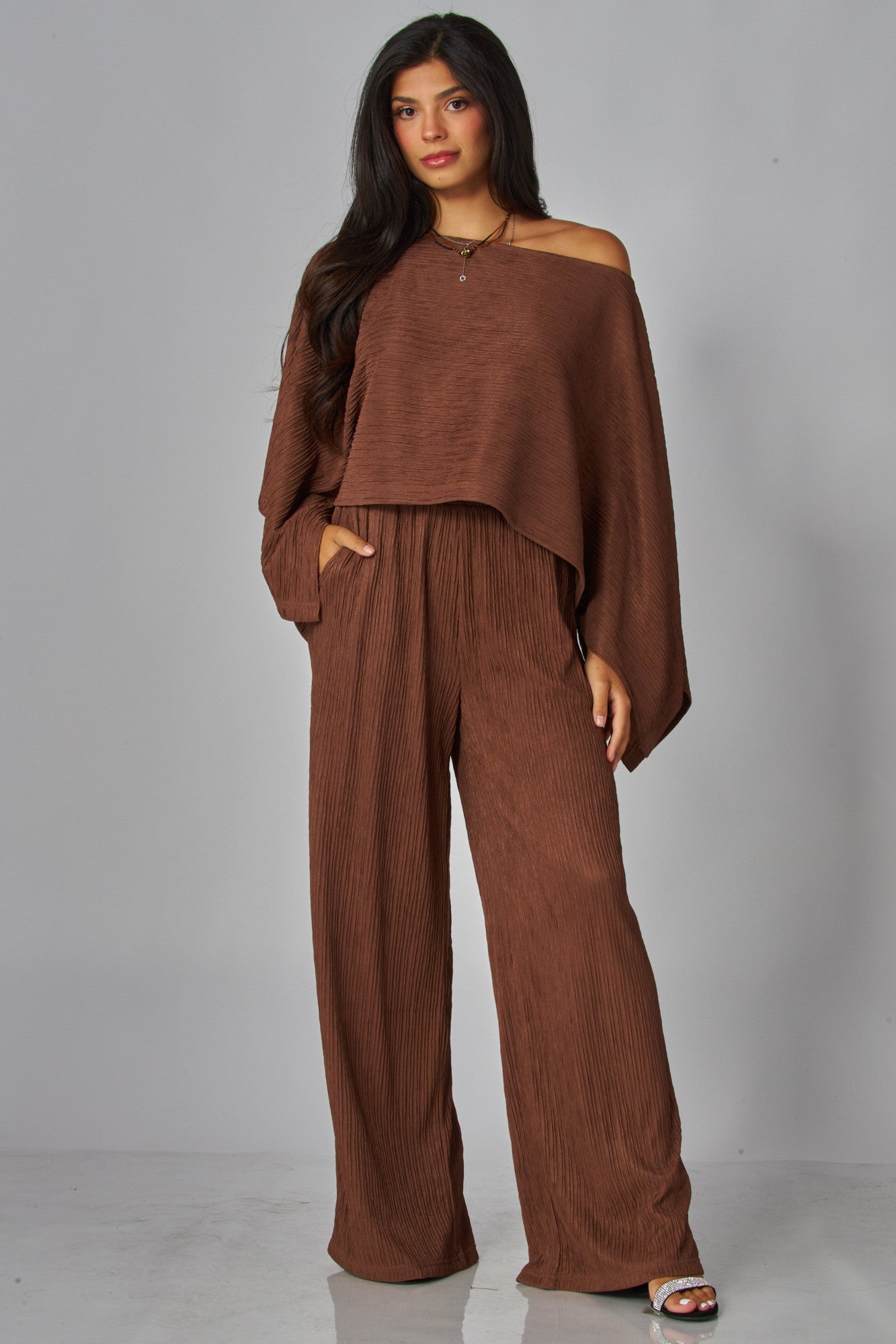 Love Poem Crinkled Plisse Cape Kimono Luxury Pants Set