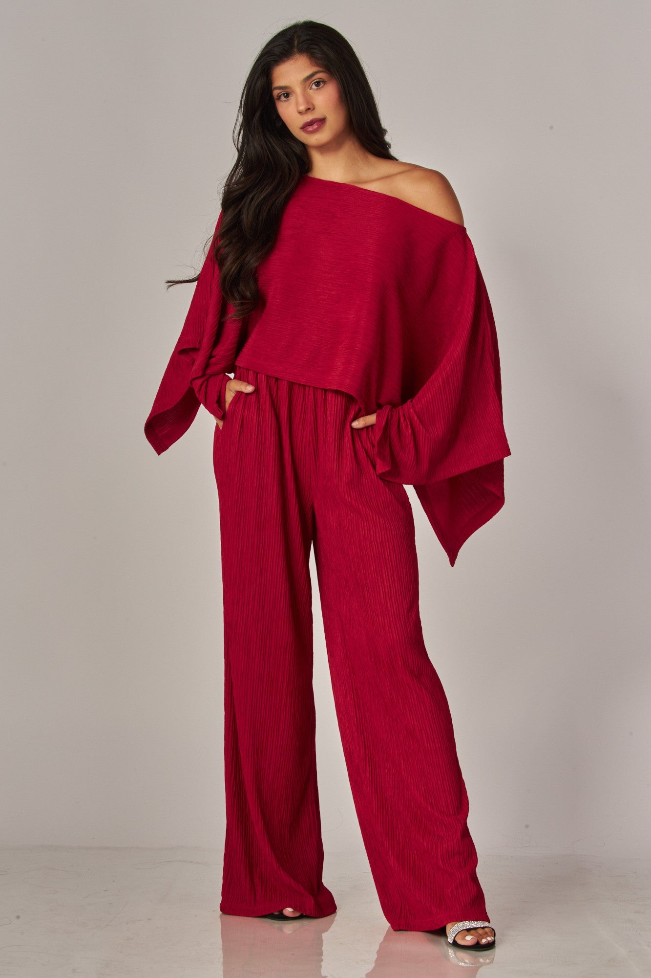Love Poem Crinkled Plisse Cape Kimono Luxury Pants Set
