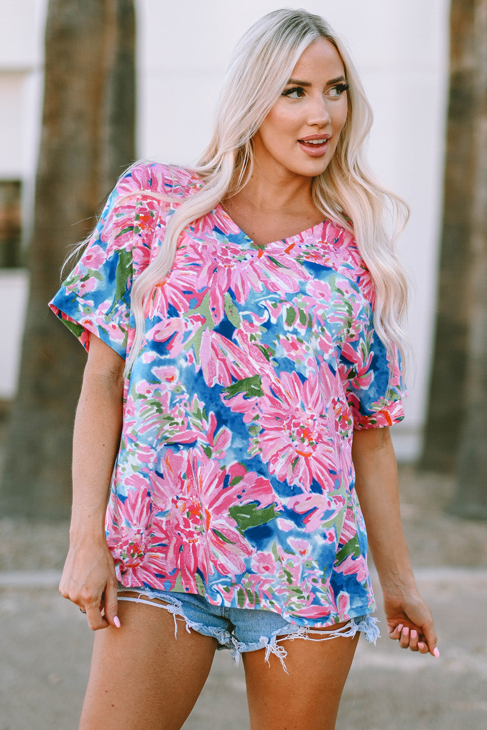 Pink Floral Print Loose Fit V Neck Top