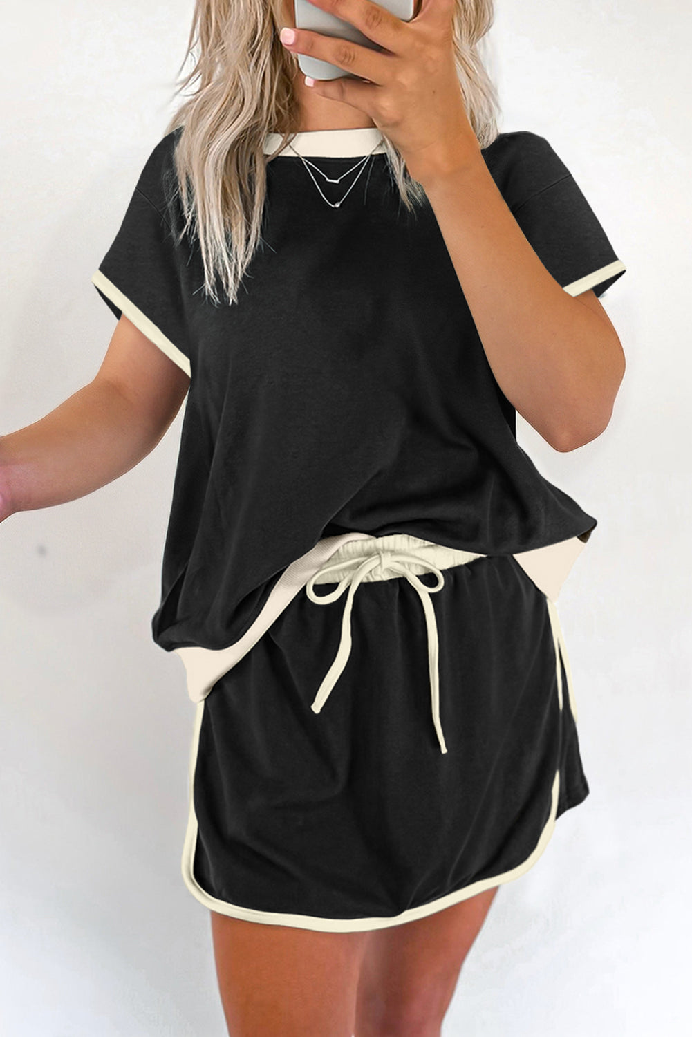 Black Colorblock Edge Drop Shoulder Top and Skort 2Pcs Set