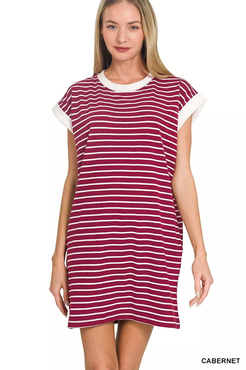 Lavendar Lane Clothing contrast trim striped T-shirt dress showing a casual, stylish dress with bold stripes and contrasting trim details.