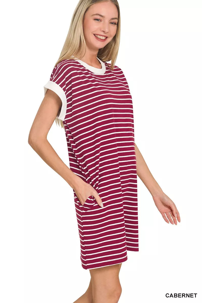 Lavendar Lane Clothing contrast trim striped T-shirts dress featuring a casual fit and colorful horizontal stripes.
