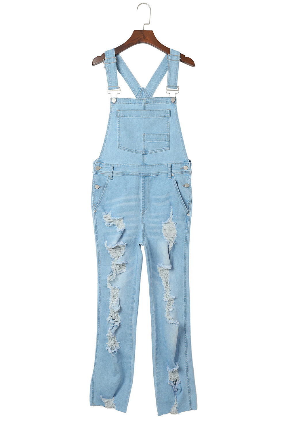 Sky Blue Constructed Bib Pocket Distressed Denim Overalls