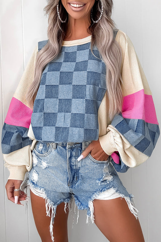 Sky Blue Oversized Checkered Denim Exposed Seam Patchwork Casual Top