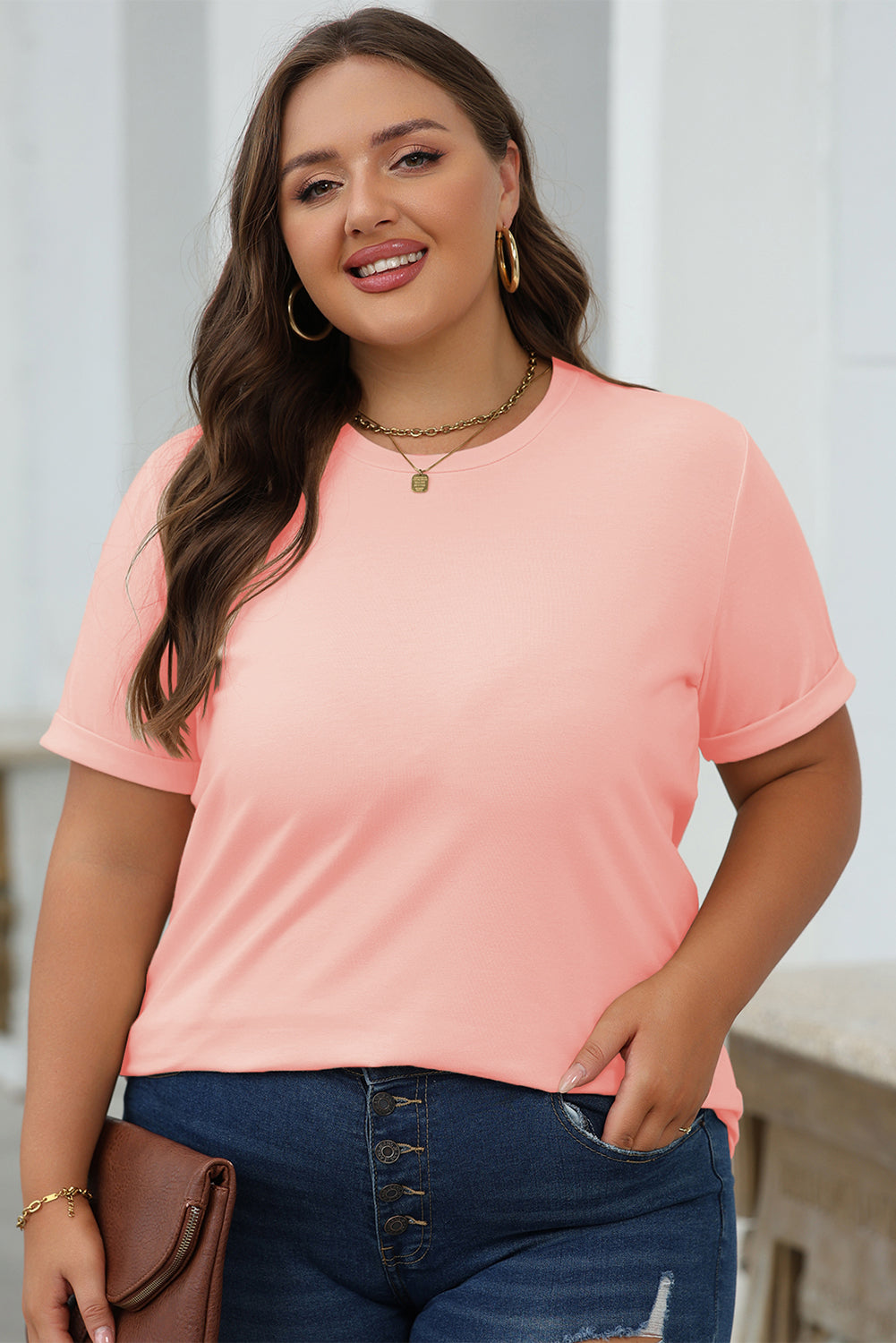 Pink Casual Plain Crew Neck Top