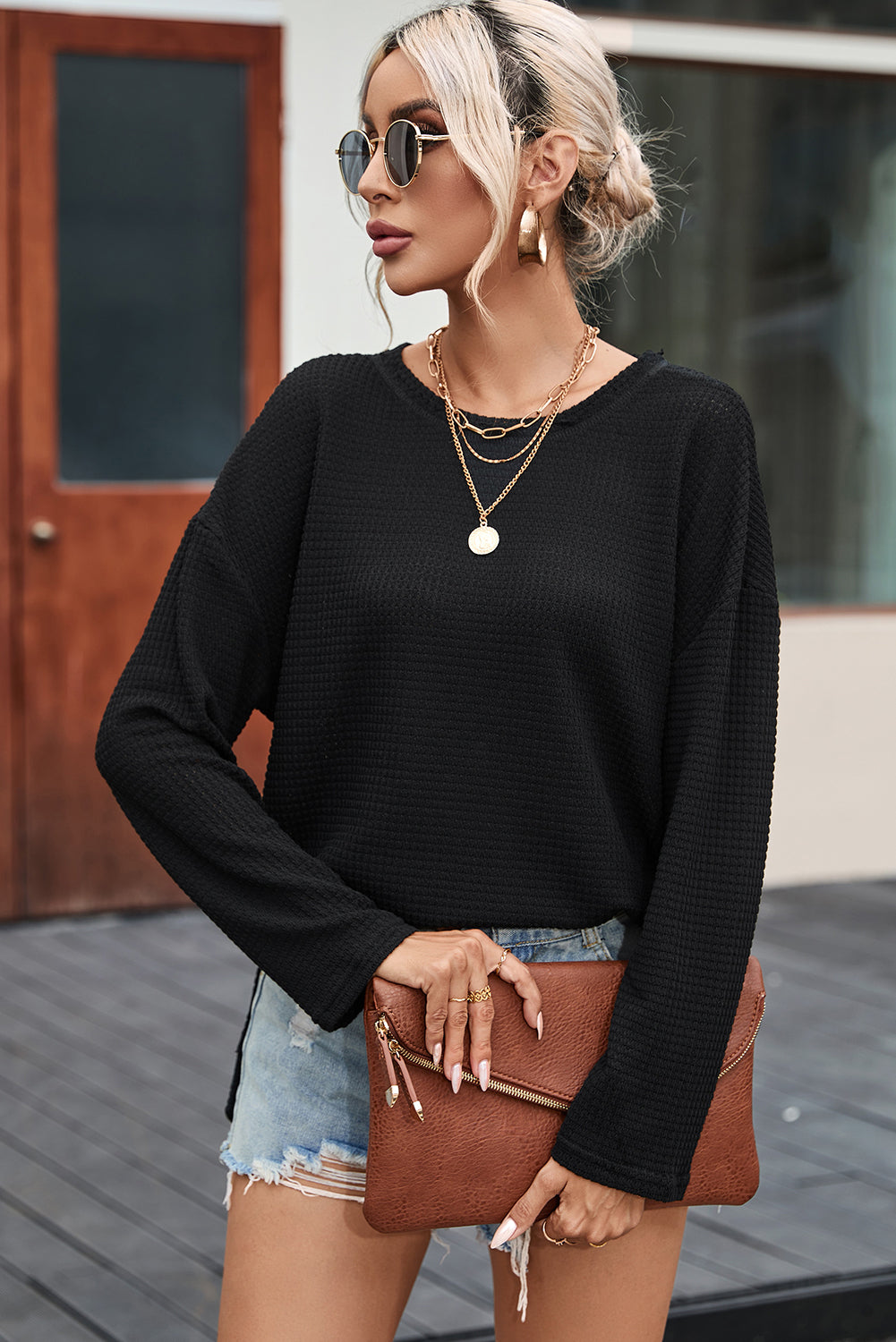 Black Waffle Knit High Slits Oversized Top